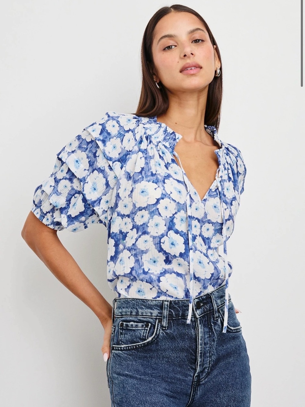 Rails Paris Top Blue Floral Tie-Neck Women's Blouse